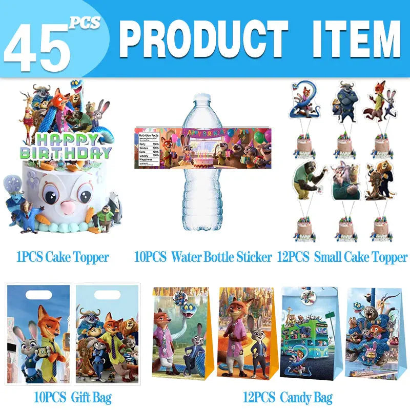 Zootopia Theme Party Supplies Nick Judy Birthday Decoration Balloon Set Tableware Kit Banner Plates Gifts Bags Keychains Sticker