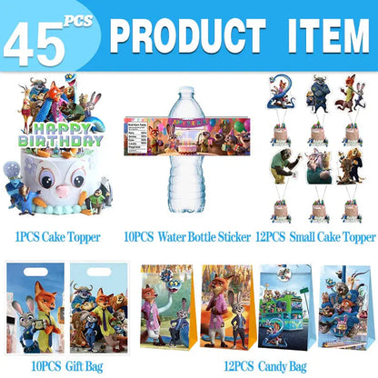 Zootopia Theme Party Supplies Nick Judy Birthday Decoration Balloon Set Tableware Kit Banner Plates Gifts Bags Keychains Sticker