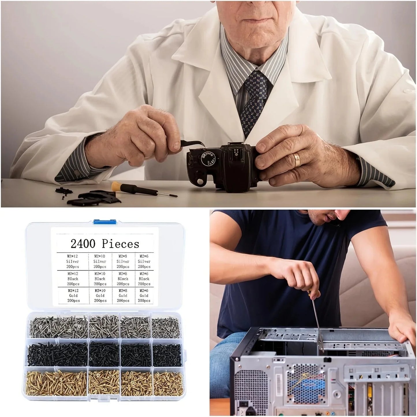 2400pcs Miniature Self-Tapping Screws, M2 Wood Screws, Phillips Head Screws, Flat Head Screws, Gold, Black, Silver Set
