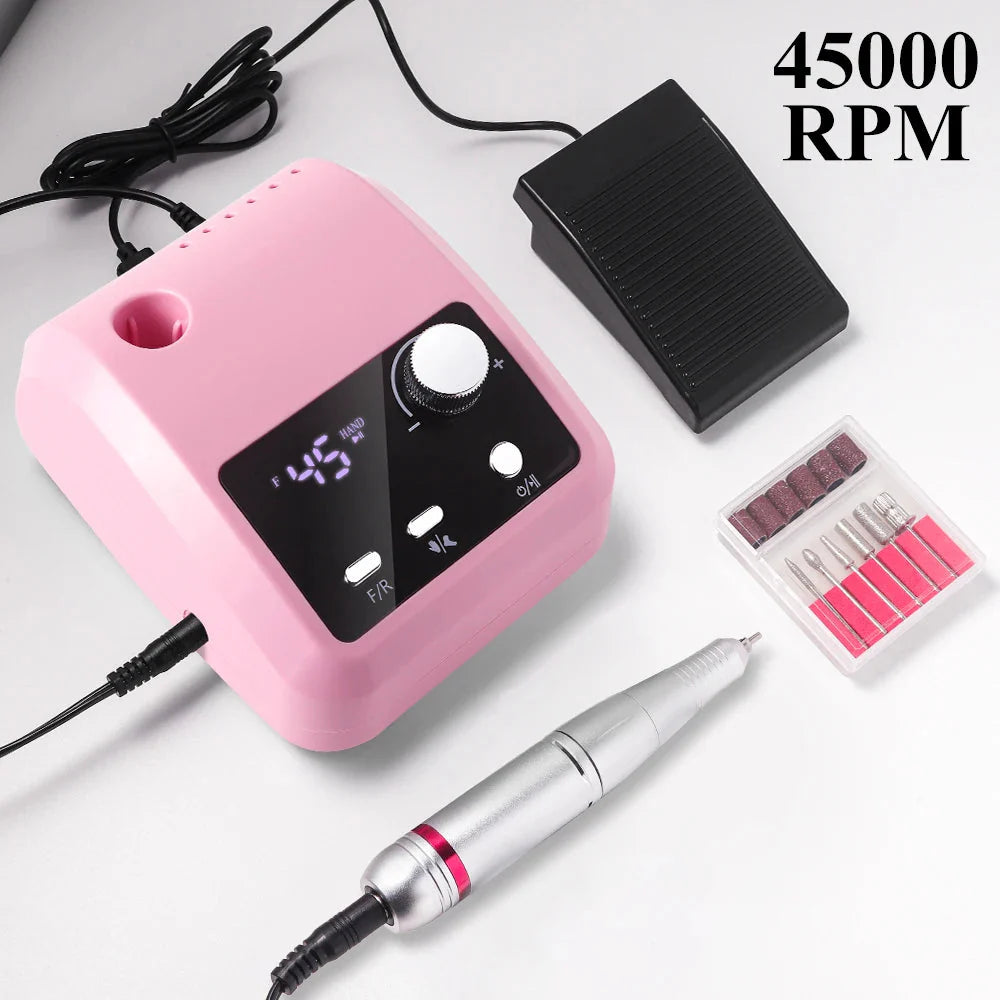 45000RPM Nail Drill Machine Professional Nail Lathe with Large LCD Screen Smart Electric Manicure Polisher Nail Art Tools
