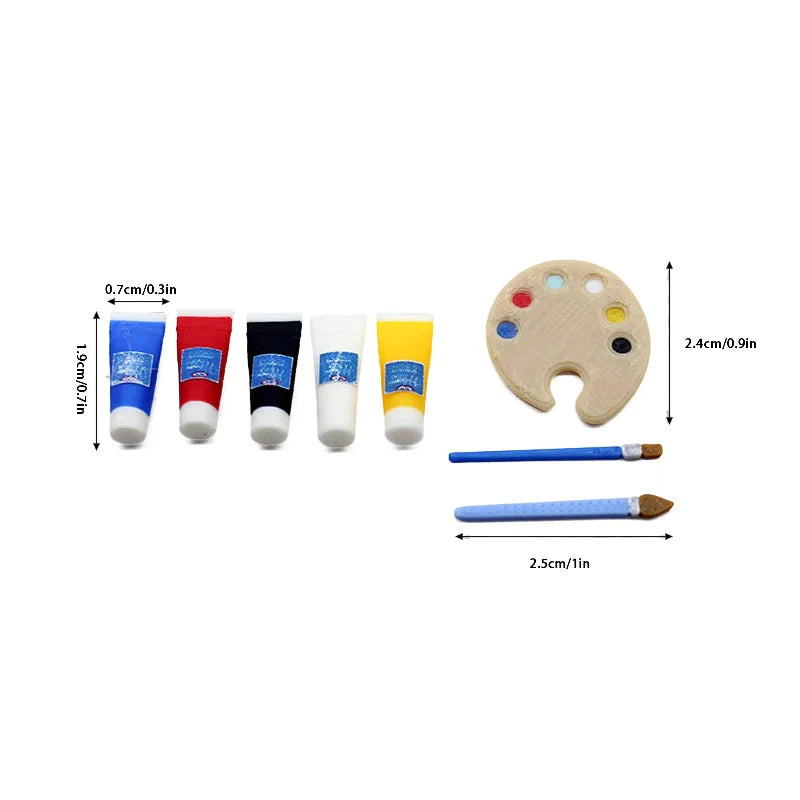 1/12 Dollhouse Draw Room Art Supplies Decoration Dolls House Accessories Mini Pigment Tube Paint Brush Palette Model Dollhouse