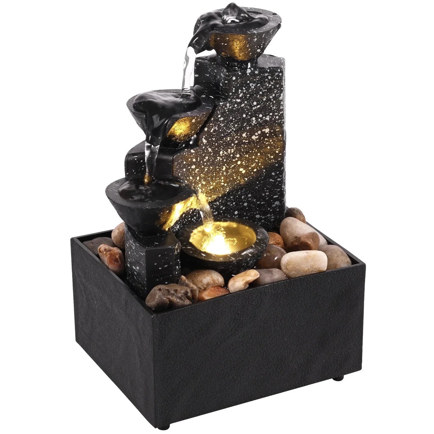 Desktop Art Waterfall Fountain with LED Light, Small Indoor Zen Ornament for Home Living Room Bedroom Office Decor