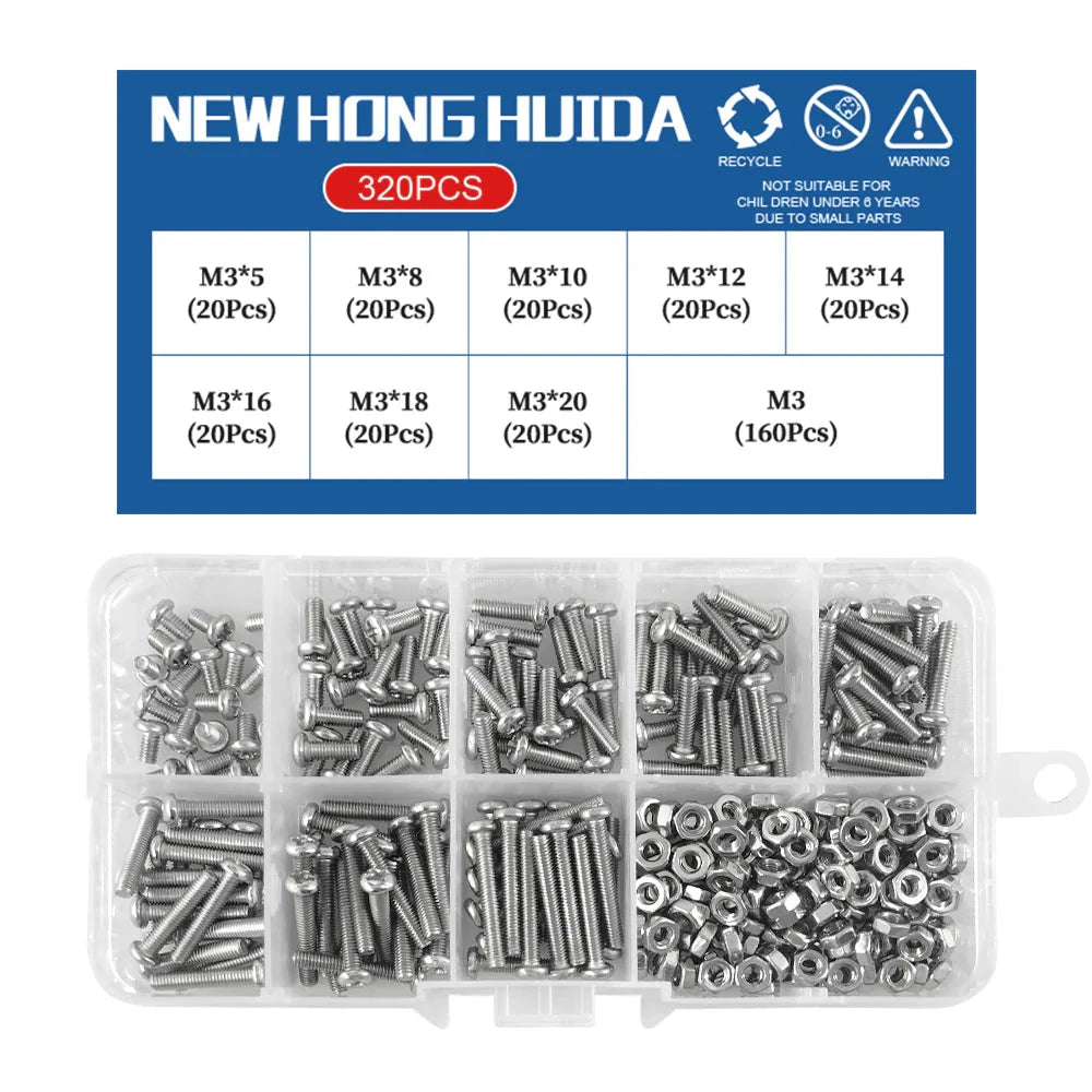 M1 M1.2 M1.4 M1.6 M2.5 M3 304 Stainless Steel Round Head Cross Small Screw Set Metric Thread Machine Bolt Assortment Kit Set