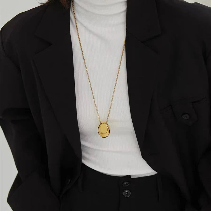 European and American Oval Pendant stainless steel Gold Color Long Necklace Fashion Jewelry Accessories Sweater Chian For Womens