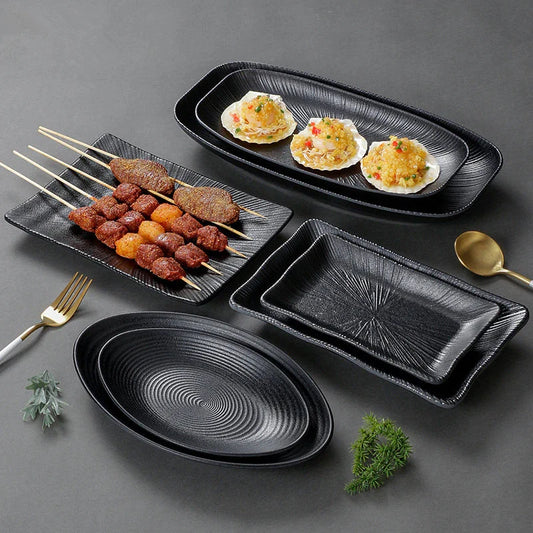 Pretty Black Melamine Plates Steak Barbecue Trays for Meal Vegetables Fruit Western Dinner Dishes Beautiful Tableware Decoration
