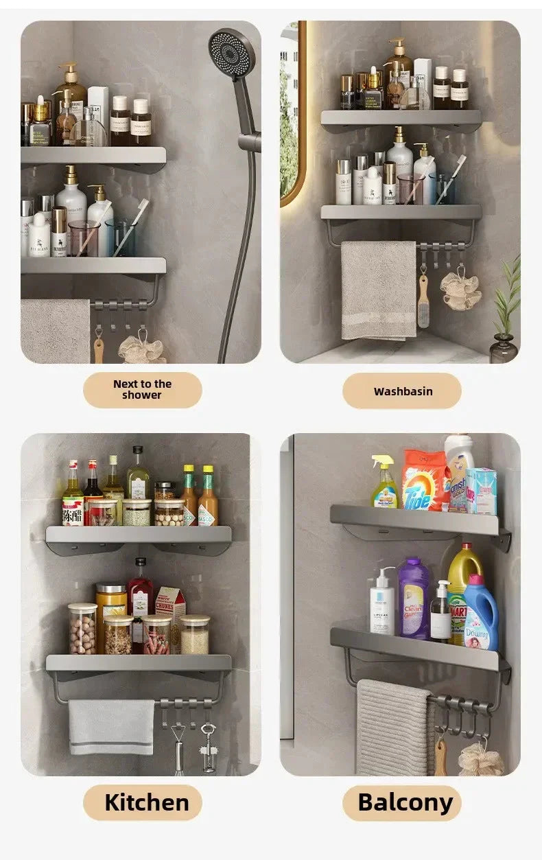 Bathroom Triangle Drain Shelf No Drilling Wall Mounted Cosmetic and Toiletries Hollow Carbon Steel Shelf with Hooks