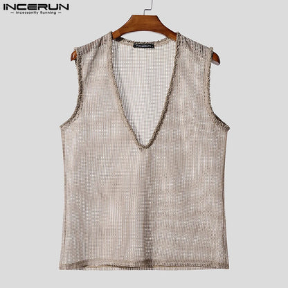 INCERUN Men Tank Tops Hollow Out Mesh See Through Sexy Tassel Male Vests Summer 2025 Solid Color Fashion Streetwear Men Clothing