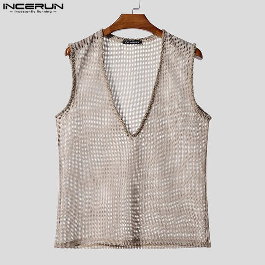 INCERUN Men Tank Tops Hollow Out Mesh See Through Sexy Tassel Male Vests Summer 2025 Solid Color Fashion Streetwear Men Clothing