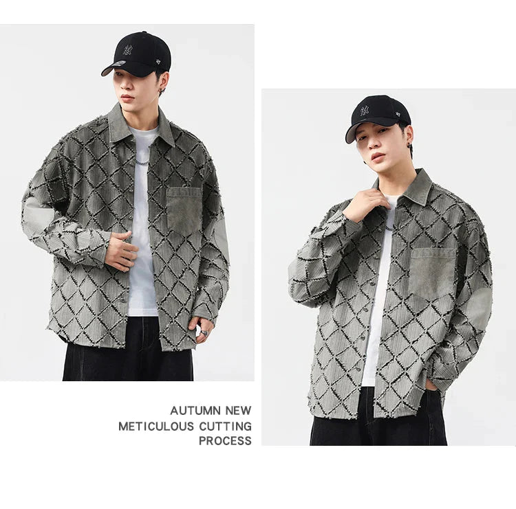 Gradient Ripped Plaid Shirt Men Streetwear Fashion Loose Casual Long Sleeve Oversize Cargo Shirts Cardigan Coat Blouses
