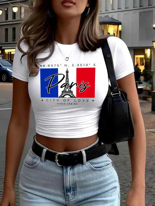 Paris City Of Love Since 259 Art Letter Print Women T Shirt Summer Short Sleeve Hip Hop Crewneck Clothes Slim Yoga Crop T-Shirts