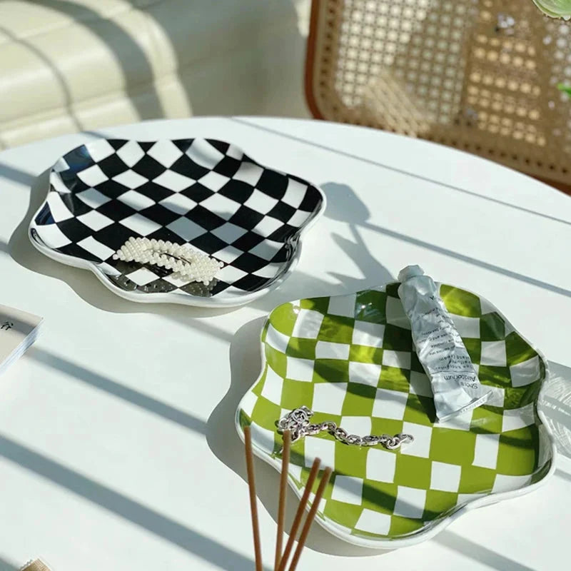 European Chessboard Ceramic Plate Black and White Checkered Irregular Tableware Dinner Plate Dinner Set Plates and Dishes