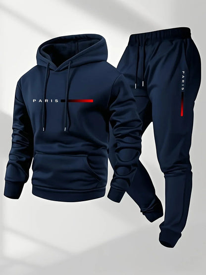 Paris Letter Printed Sweatshirt Set Men's Wool Hooded Sweatshirt Pants Set Spring and Autumn Winter Warm Casual Sportswear Set