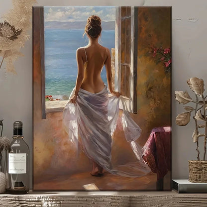 Elegant Mediterranean Canvas Wall Art - HD Seaside Painting with Wood Frame for Serene Home Decor, Ocean Theme Decoration