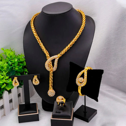 Dubai 24K Gold Plated Gold Women Jewelry Sets Classic Design Necklace Earrings Charm Bracelet Ring Banquet Party Jewelry