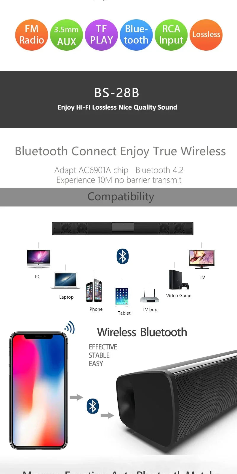 40W Soundbar TV Portable Bluetooth-compatible Speaker Sound bar Wireless Column Home Theater Sound System RCA AUX For TV PC