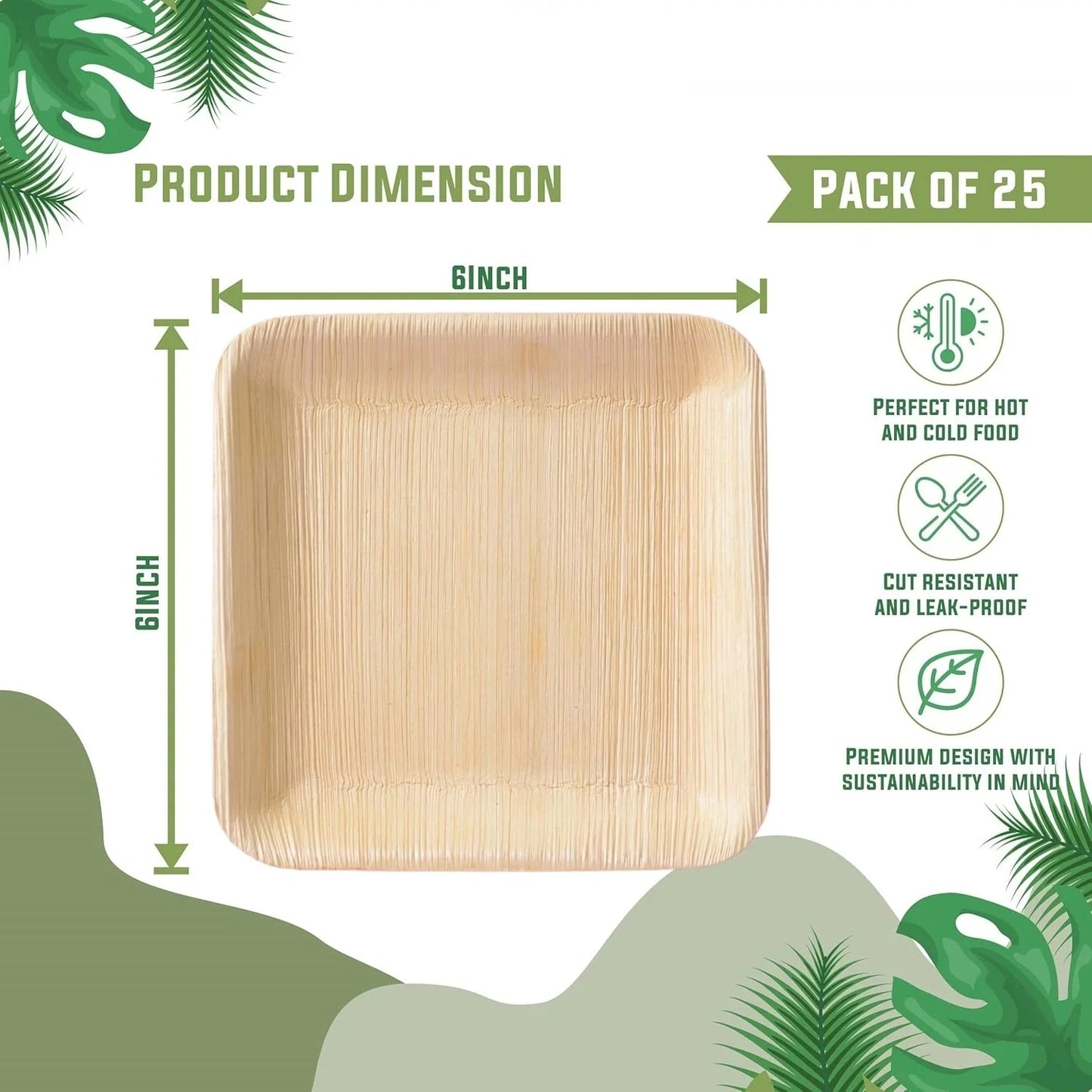 25PCS 6in/8in/10in Disposable Palm Leaf Plate Square Dessert Plates Eco-friendly Bamboo Like Plates Wedding Party Birthday
