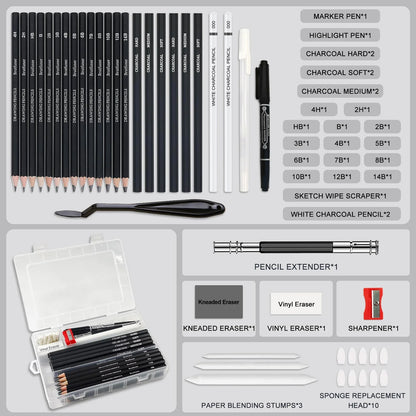 14-60 pcs Drawing Set Sketching Kit - Art Supplies,for Adults Artists with 3-Color Sketchbook,Graphite,Pastel,Charcoal Pencils