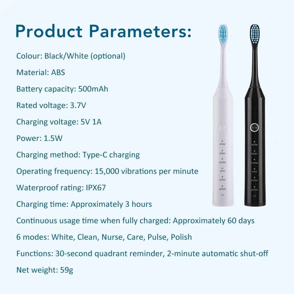 Sonic Electric Adult Toothbrush Rechargeable for Adult Smart Timer Whitening Toothbrush With 4 Replacement Brush Heads 6 Modes