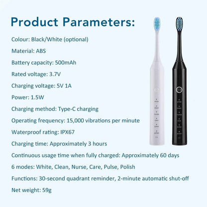 Sonic Electric Adult Toothbrush Rechargeable for Adult Smart Timer Whitening Toothbrush With 4 Replacement Brush Heads 6 Modes