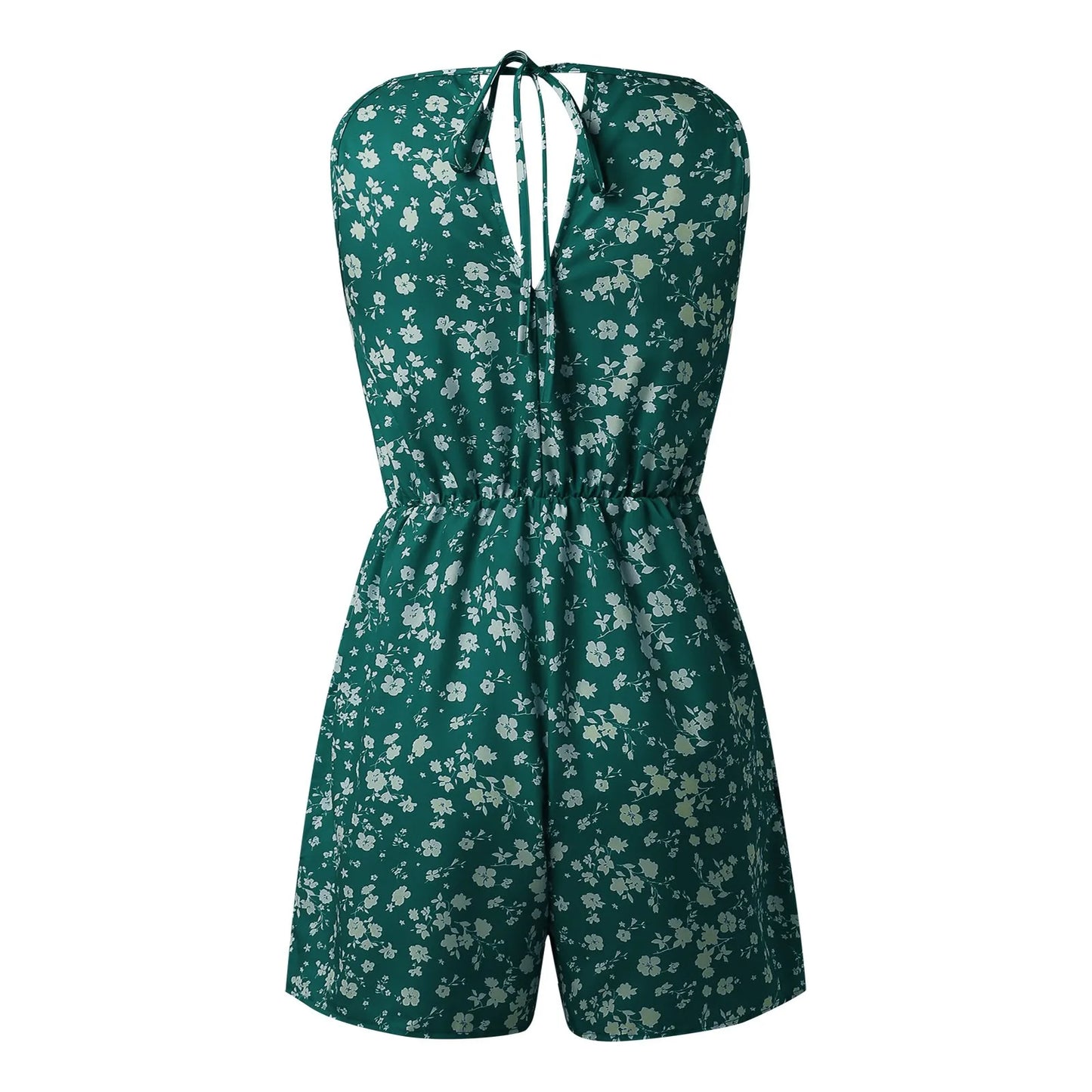 Fashion Women Romper Floral Printed Halter Neck High Waist Sleeveless Jumpsuits Summer Vintage Lace Up Casual Beach Overalls