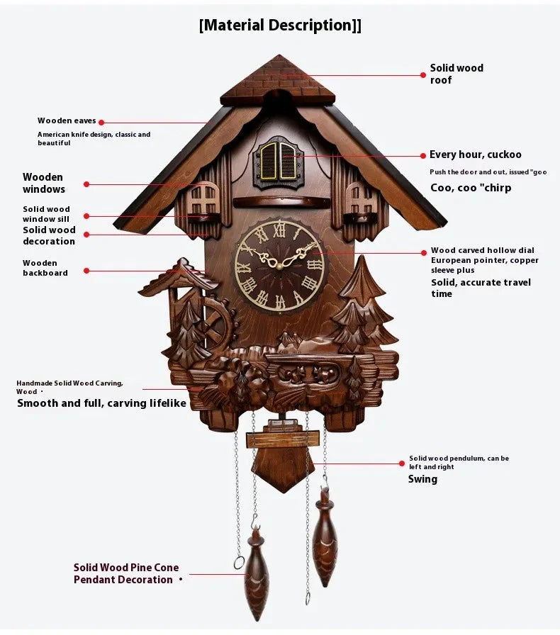 Antique Classic Solid Wood Hand-carved Cuckoo Wall Clock, Children's Music, Hour Announcement Swinging Creative Clock