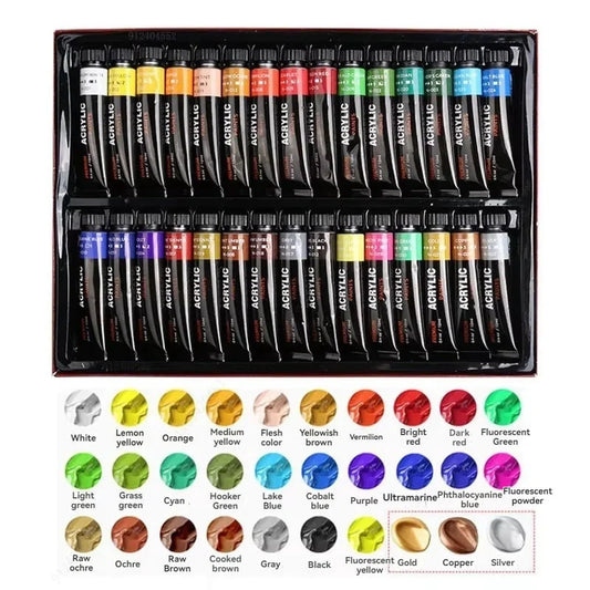 Acrylic Paint Set 12/24/30 Colours 12ml, Perfect for Canvas, Wood, Fabric, Leather, Cardboard, Paper, MDF And Crafts