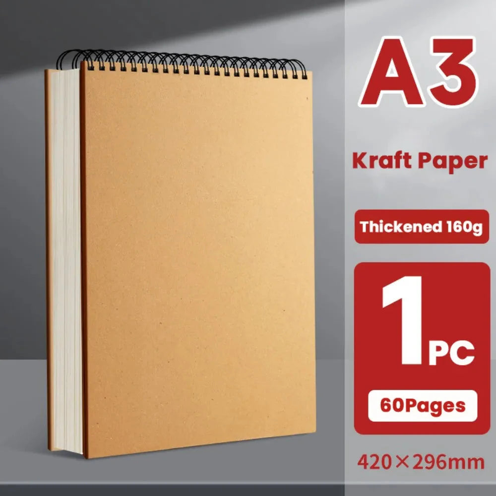 High Quality Kraft Paper Art Sketchbook A4/8K/16K/32K/A3 Flip-up Drawing Notepad 30Sheets/60Pages Spiral Notebook Art Supplies