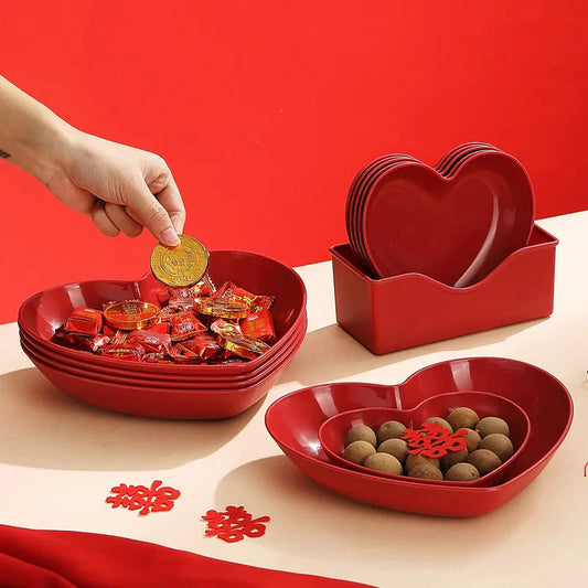 Red Heart Shaped Plates Set for Wedding and Festival Candy and Snack Serving Cake and Snack Plate Kitchen Utensils