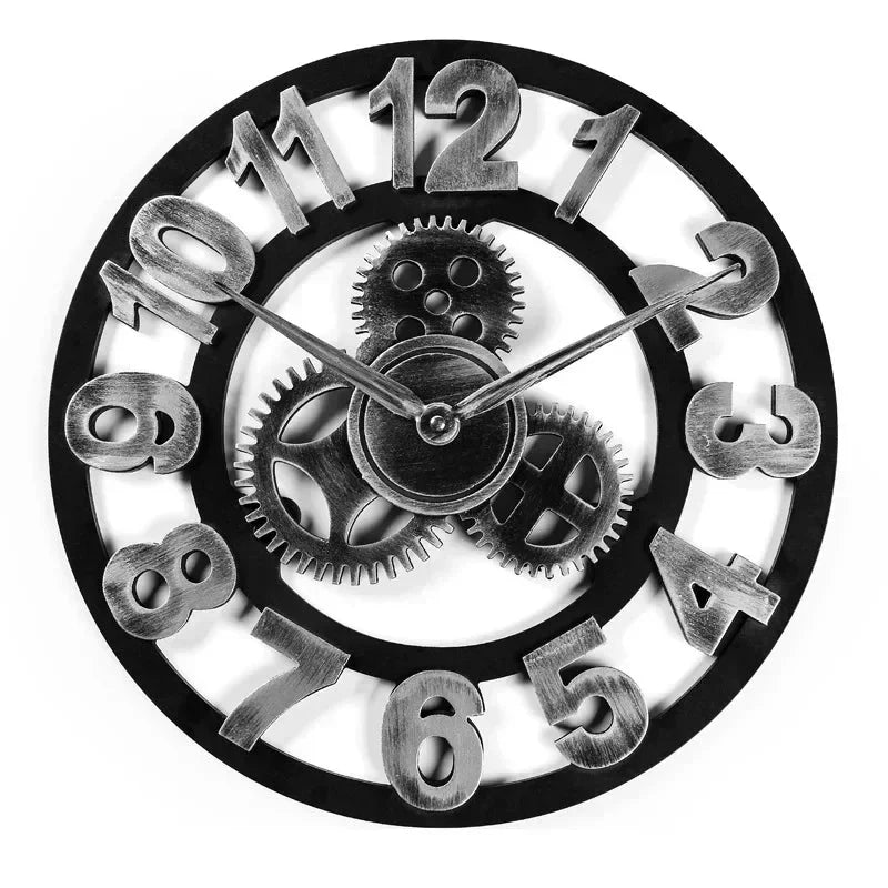 Vintage Style Industrial Wall Clock with Roman Numerals Visible 3D Gears 11"-17" Gold or Silver