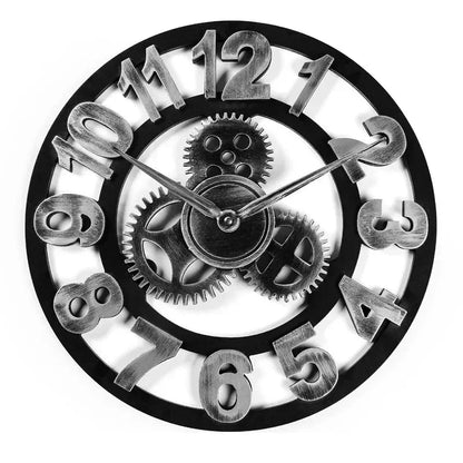 Vintage Style Industrial Wall Clock with Roman Numerals Visible 3D Gears 11"-17" Gold or Silver