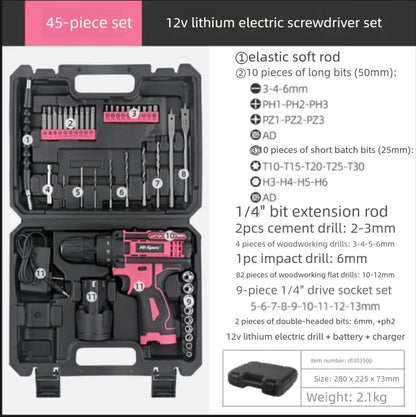 Hi-Spec 92-Piece Pink Home Tool Box Set, Multi-Function Hand Repair Kit with Hammer Cordless Power Drill Combo for Household DIY