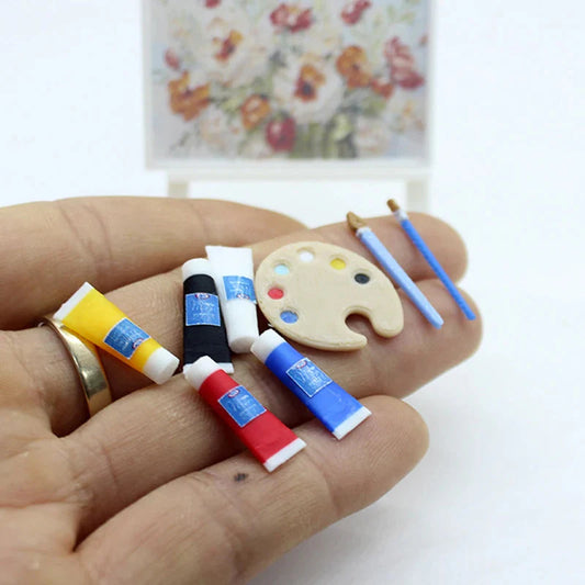 1/12 Dollhouse Draw Room Art Supplies Decoration Dolls House Accessories Mini Pigment Tube Paint Brush Palette Model Dollhouse