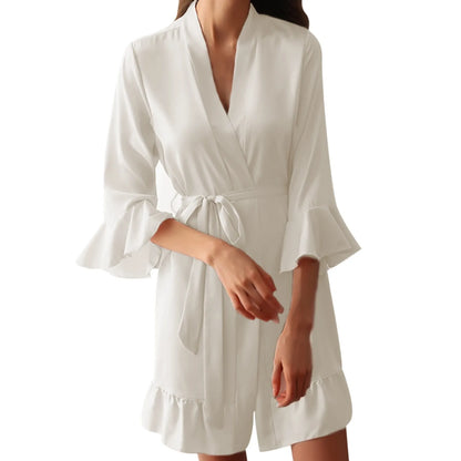 Sexy Flare Sleeve Kimono Gown Women Wedding Robe Silk Rayon Home Dress Elegant Ruffle Sleepwear Cozy Nightgown Intimate Lingerie