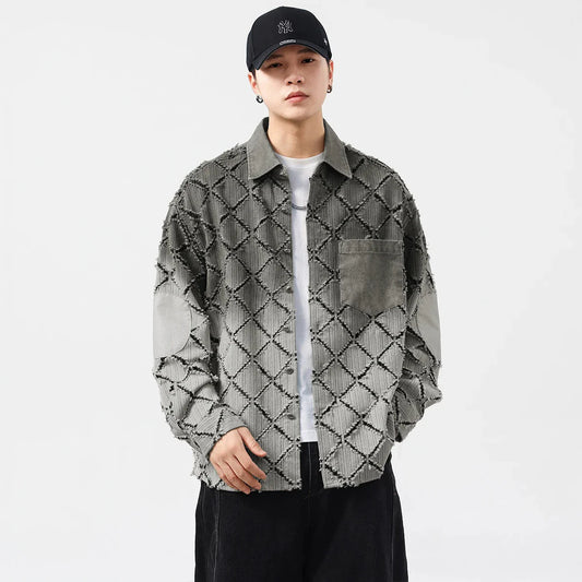 Gradient Ripped Plaid Shirt Men Streetwear Fashion Loose Casual Long Sleeve Oversize Cargo Shirts Cardigan Coat Blouses