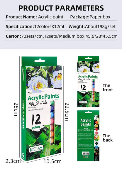 12Color Acrylic Paint Set 12ml Tubes Waterproof Art Supplies for Beginner Artists DIY Painting on Canvas Wall Art Craft Projects