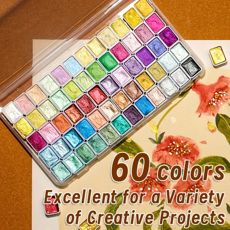 20/24/60/72 Colors Pearl Watercolor Pigment,Metallic,Shimmer,Glitter Solid Paint Mini Travel Portable Kit for Painting,Writing