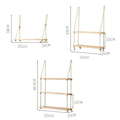 1PC 1/2/3-tier Wooden Floating Shelves for Wall Plant Flower  Hanging Rope Storager Wall Shelf Kitchen Storage