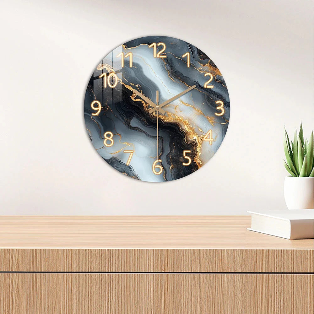 1 piece wooden wall clock, fantasy theme - blue and gold marble - like texture pattern tempered film veneer silent clock, suitab
