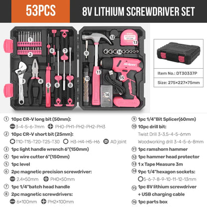 Hi-Spec 92-Piece Pink Home Tool Box Set, Multi-Function Hand Repair Kit with Hammer Cordless Power Drill Combo for Household DIY