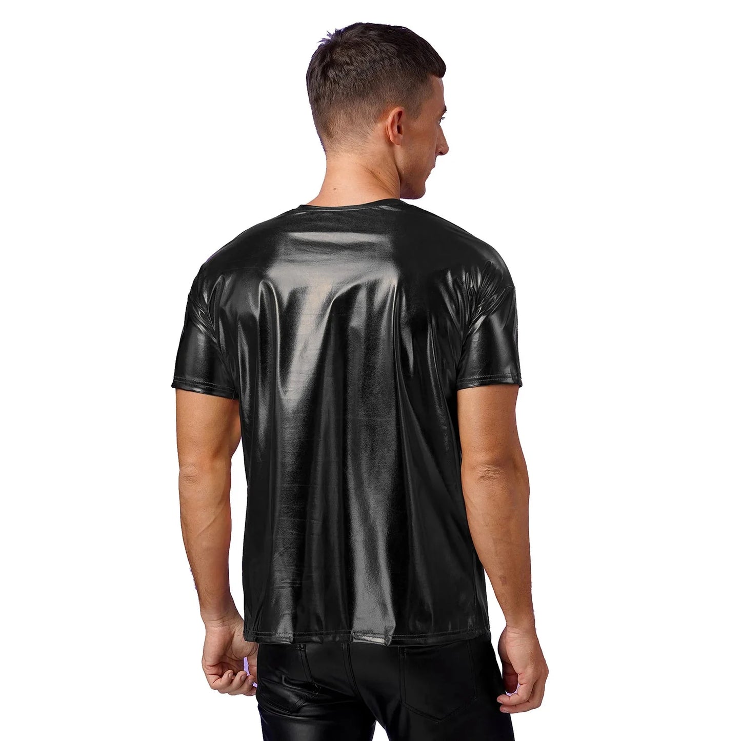 Mens Dance Shirts Tops Party Performance 80s Clothes Metallic Shiny Short Sleeve Round Neck T-shirt for Club Show Role Play