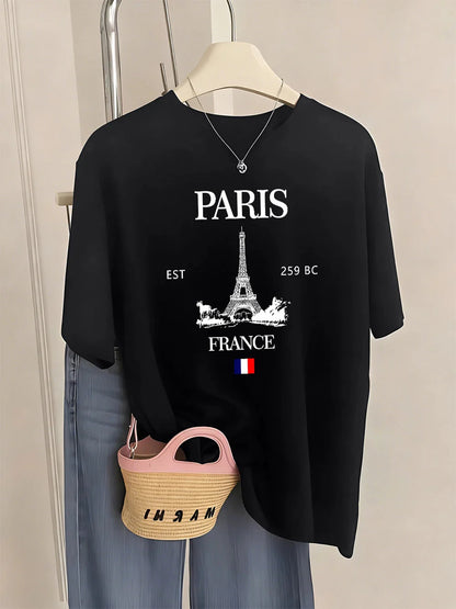 Paris France Eiffel Tower Prints T-Shirts Women Summer Basic Short Sleeve Tops O-Neck Loose T Shirts Basics Soft Womans Clothes