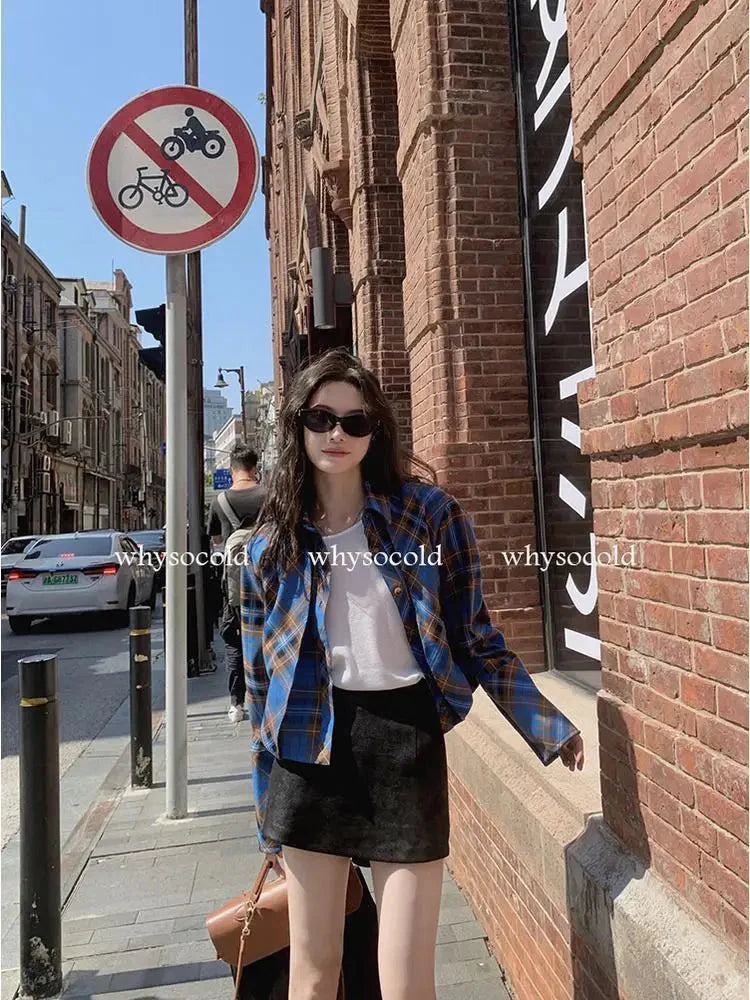 Checkered shirt women's 2024 spring new design sense niche French chic long sleeved shirt  retro top  womens tops