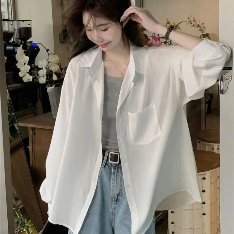 Sunscreen Shirt for Women in Summer New Polo Collar French Unique Loose Solid Color Long-sleeved Top Trendy