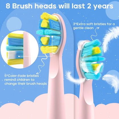 Children Electric Toothbrush with 8 Replacement Heads DIY Stickers 5 Cleaning Modes Blue Pink Yellow 3 Colors Soft Bristles