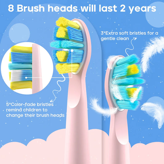 Children Electric Toothbrush with 8 Replacement Heads DIY Stickers 5 Cleaning Modes Blue Pink Yellow 3 Colors Soft Bristles