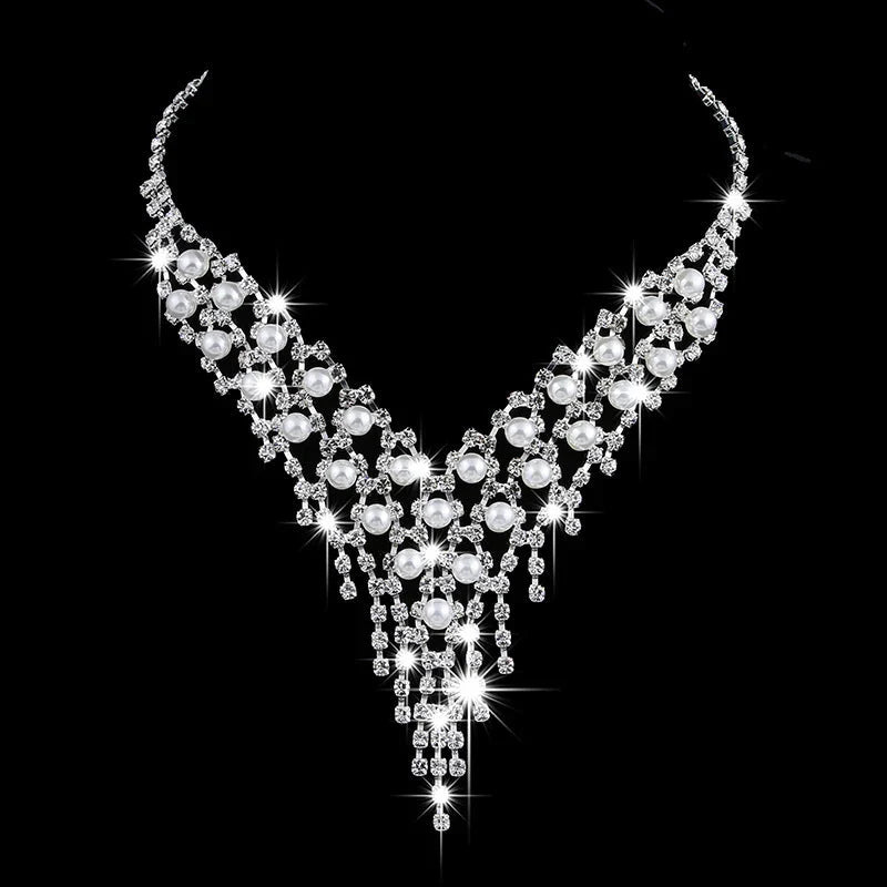 Luxury Long Tassels Jewelry Pearl Necklace Earing Set Crystal Zircon Wedding Bridal Jewelry Sets For Women Bijoux Mariage Zestaw