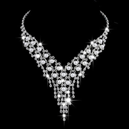 Luxury Long Tassels Jewelry Pearl Necklace Earing Set Crystal Zircon Wedding Bridal Jewelry Sets For Women Bijoux Mariage Zestaw