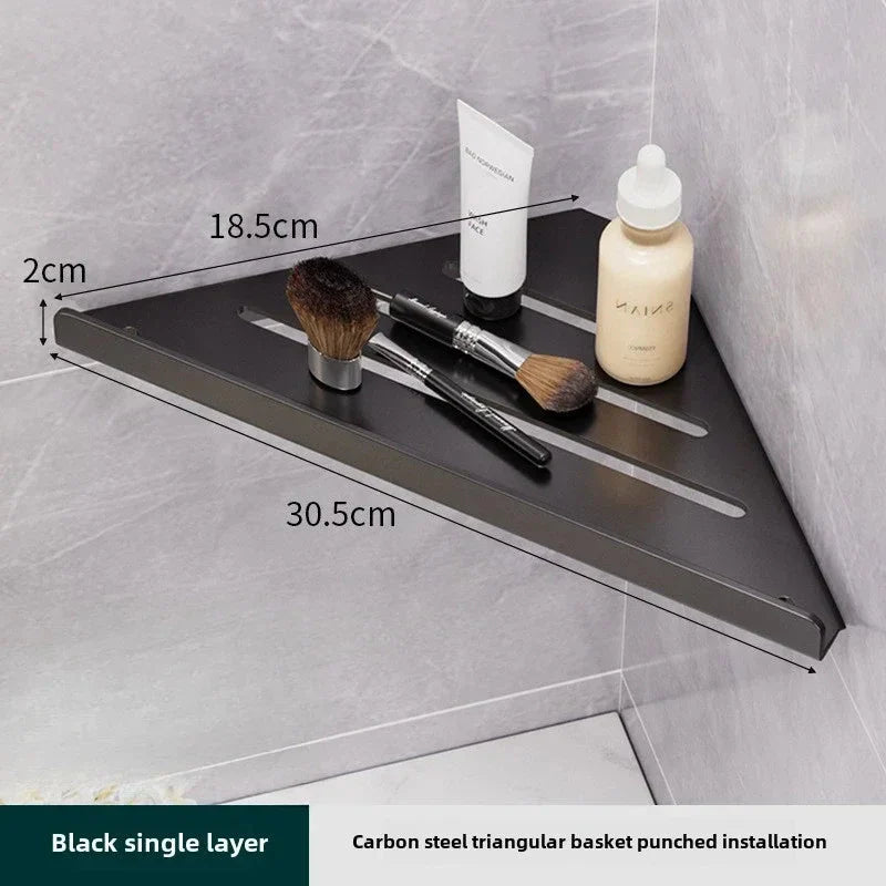Bathroom Triangle Drain Shelf No Drilling Wall Mounted Cosmetic and Toiletries Hollow Carbon Steel Shelf with Hooks