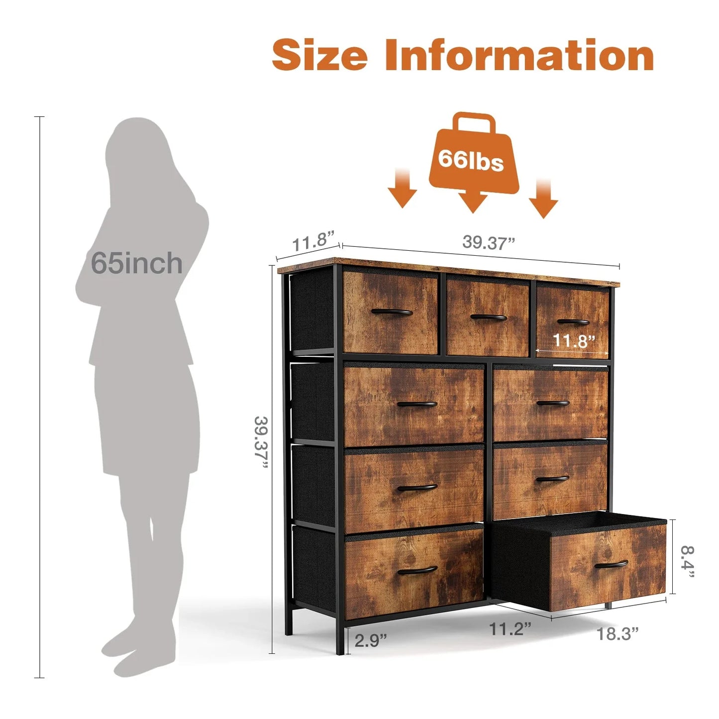 Dresser for Bedroom Storage Drawers, Fabric Storage Tower with 2/4/5/6/7/8/9/10 Drawers Sturdy Metal Frame