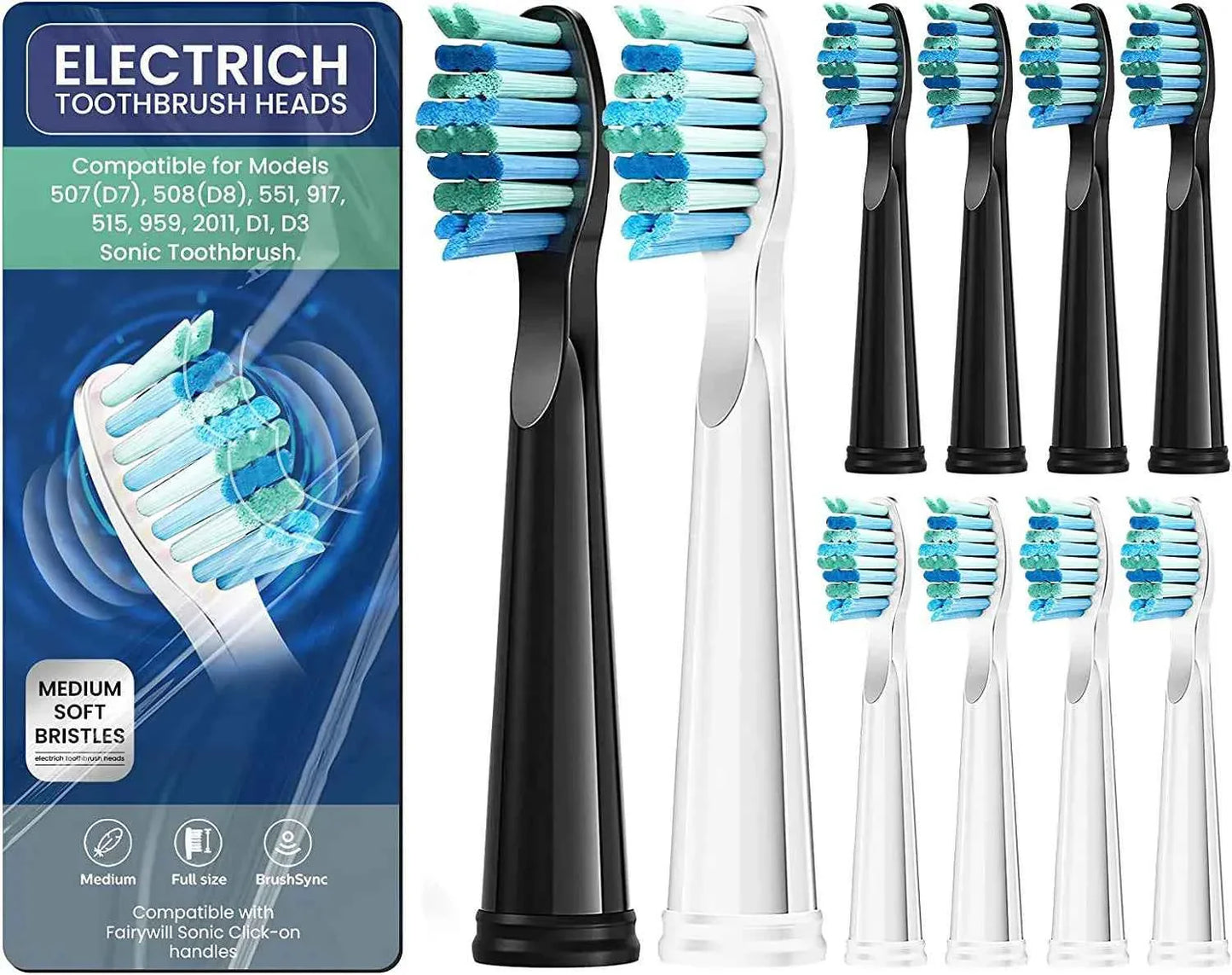 Premium Replacement Toothbrush Heads for Fairywill & Seago - Du Pont Bristles - Compatible with FW-507/508/D1/D3/D7